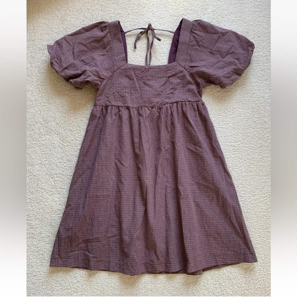 Hem & Thread Puff Sleeve Smocked Babydoll Mini Dress S Prairie Purple Seersucker